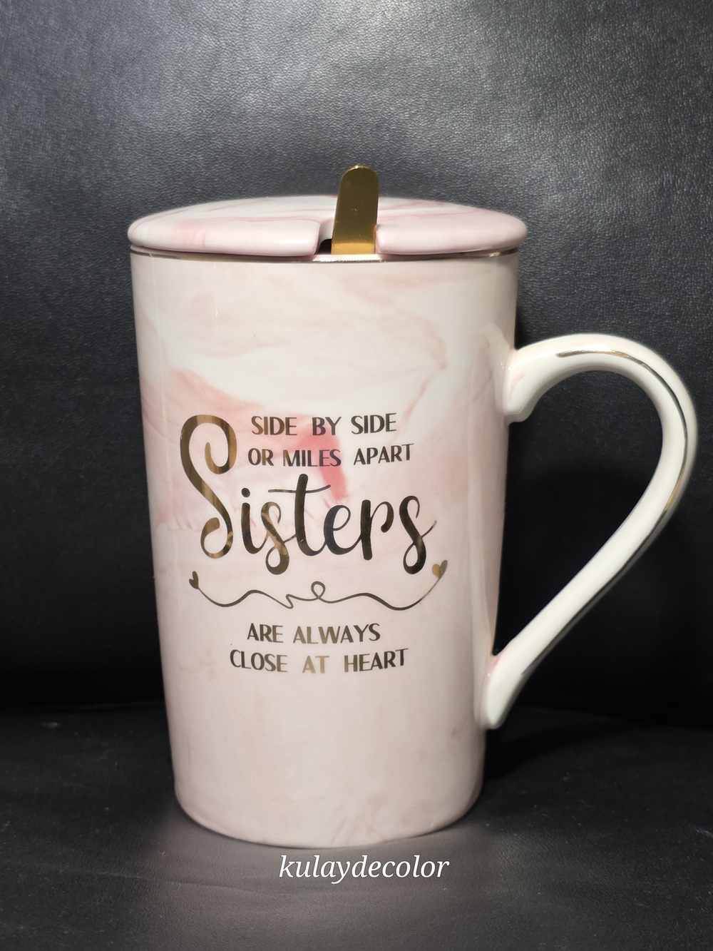 Sisters Pink Marble Ceramic Mug Set w/ Lid & Gold Spoon 14 oz Heart Arrow Gift